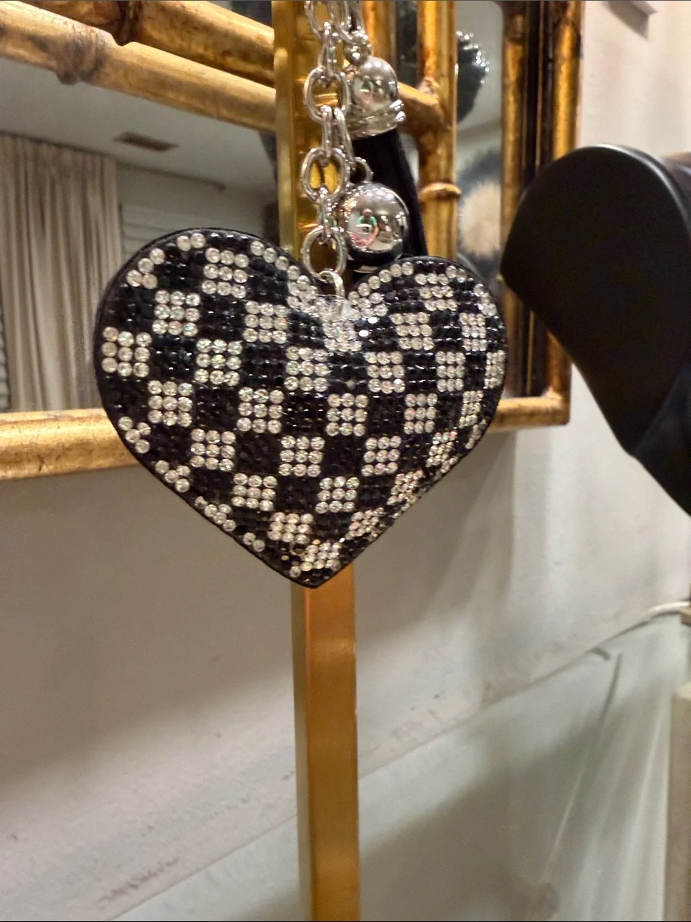 Black & Silver Crystal Heart Keychain Bag Charm